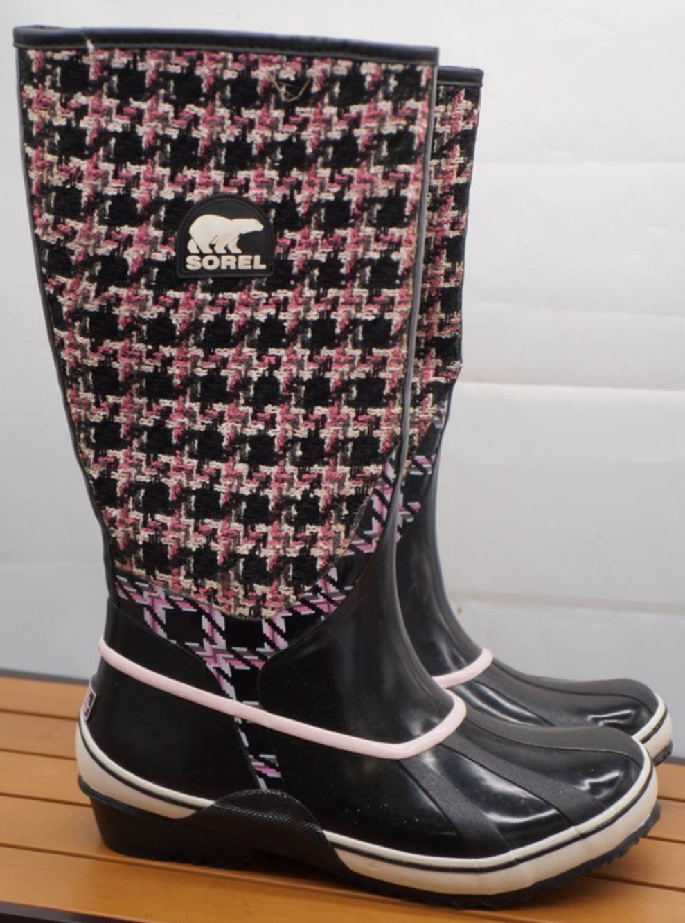 SOREL Size 9 Sorellington TXT Pink Black Tweed Knit Pull-on Rubber Rain Boots
